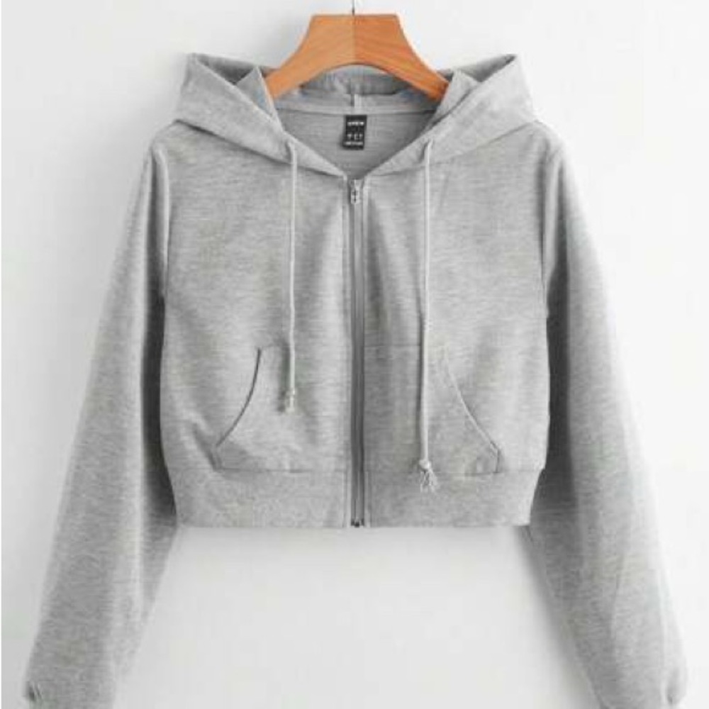 SHEIN Light Gray Zip-Up Cropped Hoodie